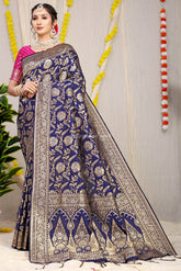 Stunning Royal Blue Golden Zari Worked Heavy Banarasi Saree